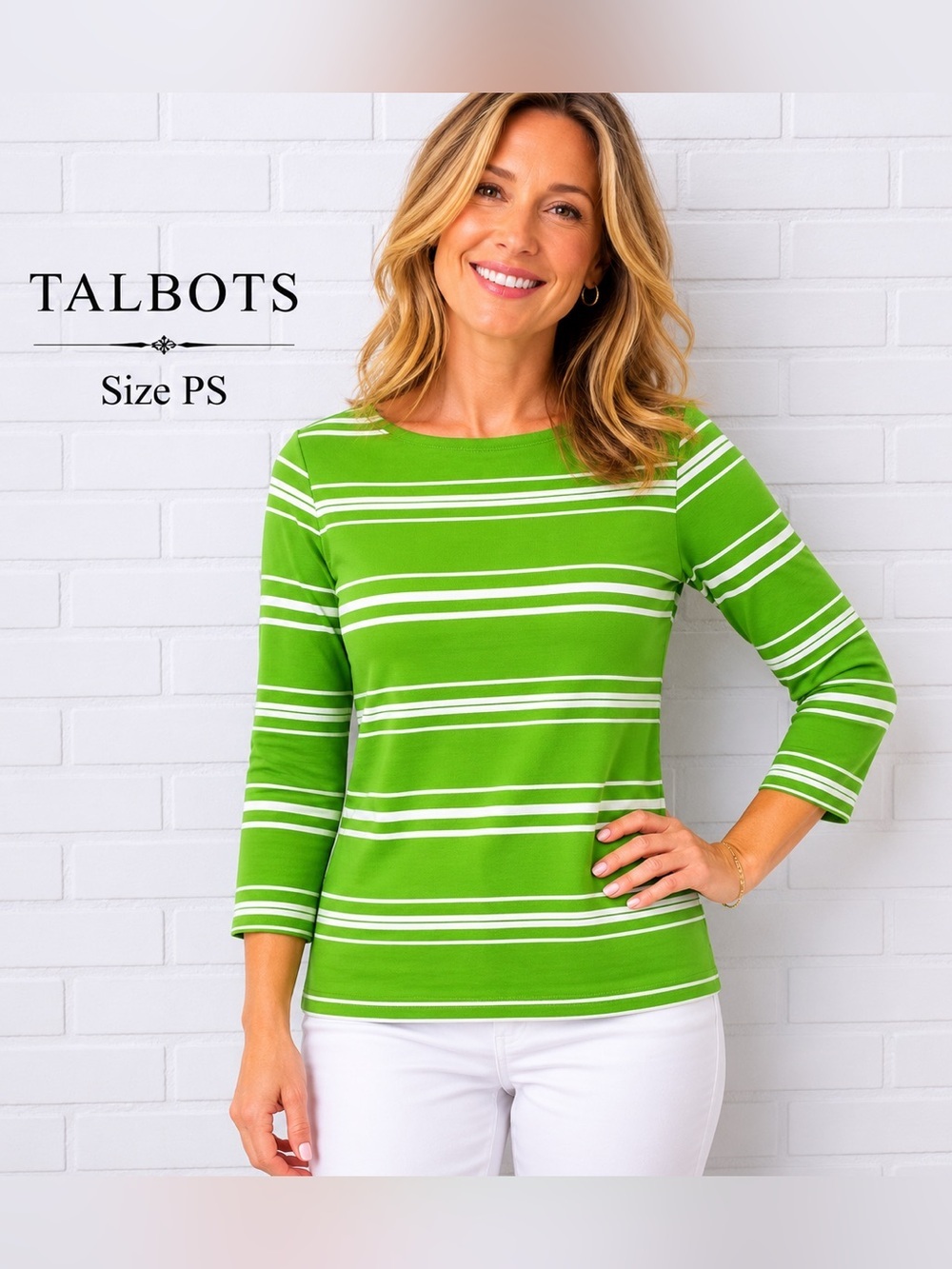 Talbots Petite Striped Top Green White 3/4 Sleeve cotton preppy casual Size PS